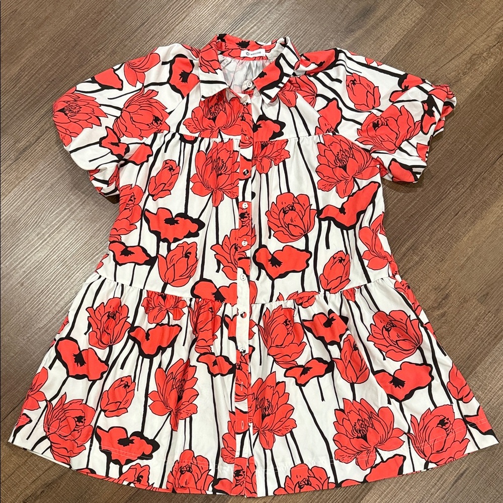 Floral Button Down Dress - Red and White